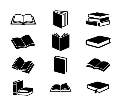 Minimalist book icons set, black solid vector book symbols for education and library, 12 professional book silhouettes for web and print design