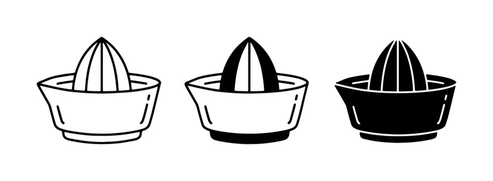 Minimalist citrus juicer vector icons, manual lemon squeezer line art set, black and white kitchen tool illustrations for culinary branding