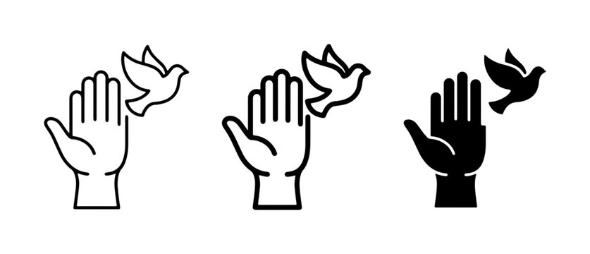 Minimalist peace dove and hand icon set, bird flying from open palm vector, symbolic freedom and hope illustration in outline and solid styles