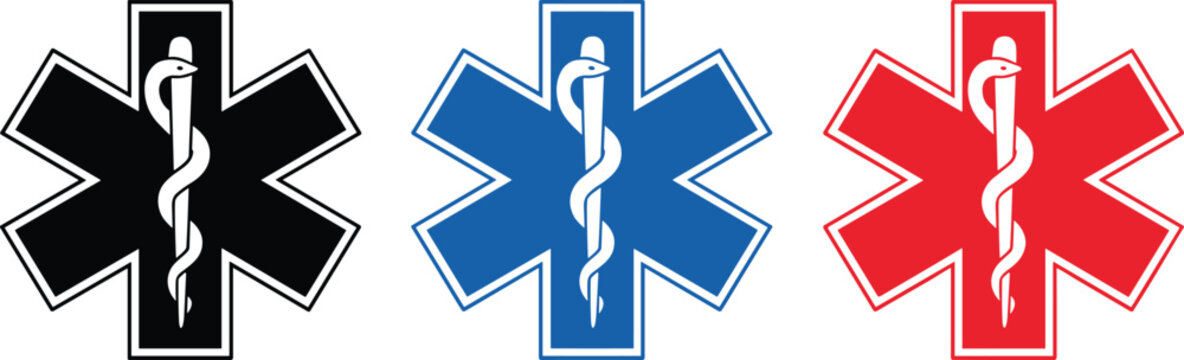 Star of Life medical emblem in black blue and red on white background simple graphic design concept