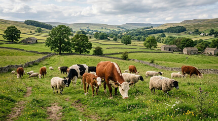 Fototapeta premium Rural grazing scene with cows and sheep in a green hilly landscape
