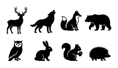 Obraz premium Forest animal silhouettes, set of 8 woodland creature icons, black wildlife vector graphics of deer, wolf, bear, and owl for nature branding