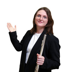 Music teacher holding a flute and gesturing to empty space. Professional flute instructor standing against a transparent background. Concept of school education, music lesson and tutor. © Андрей Журавлев