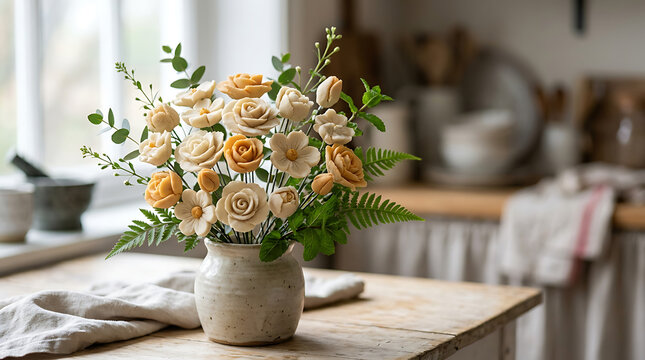 Hand-sculpted Sandesh sweets shaped into a bouquet of roses and flowers in a ceramic vase on a rustic wooden kitchen table with green foliage and blurred background.