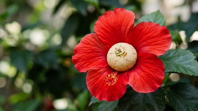 Single Indian milk peda sweet garnished with pistachios and saffron, placed in the center of a vibrant red hibiscus flower blooming outdoors with blurred green garden foliage background.