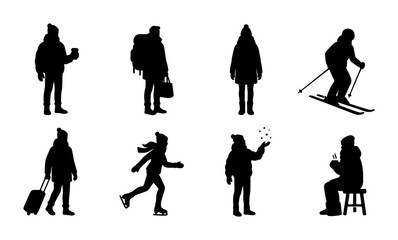 Winter people silhouettes set, 8 vector icons of travelers and skiers in cold weather, black human figures in winter clothing for seasonal design