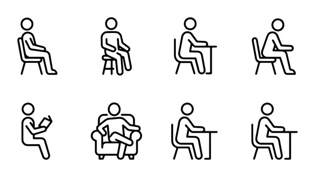 Minimalist sitting person icon set, 8 linear vector symbols of people sitting on chairs and sofas, ergonomic posture and office seating icons