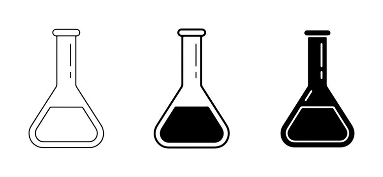 Minimalist laboratory flask icons, chemical erlenmeyer flask vector set, black and white science glassware symbols for research and education