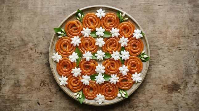 Top-down view of traditional orange jalebi sweets arranged in a circular pattern on a ceramic plate, garnished with white jasmine flowers and green leaves on a rustic wooden table.