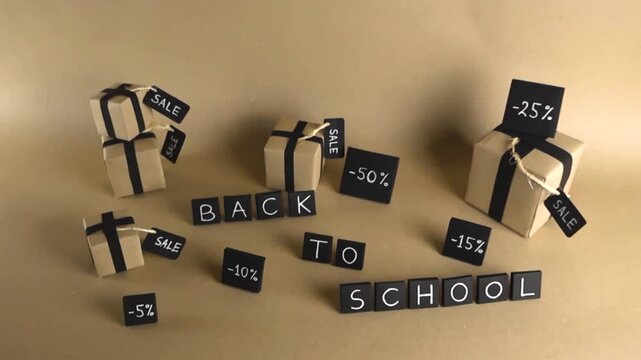 Creative promotional scene featuring the phrase Back to School. Surrounded by wrapped gift boxes and various sale percentage tags on a neutral background