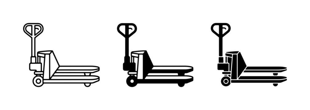 Industrial pallet jack icons set, warehouse hand truck vector illustrations, manual forklift equipment symbols for logistics and shipping