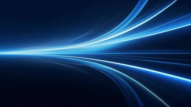 Abstract blue light streaks on a dark background with a glowing horizon line