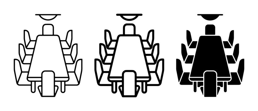 Minimalist conference room table icon set, professional boardroom meeting furniture vector, corporate office workspace interior symbols in black and white