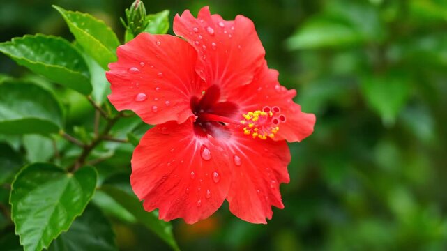 Close-up of a red Fusarium flower with water droplets, close-up of a red Fusarium flower after rain