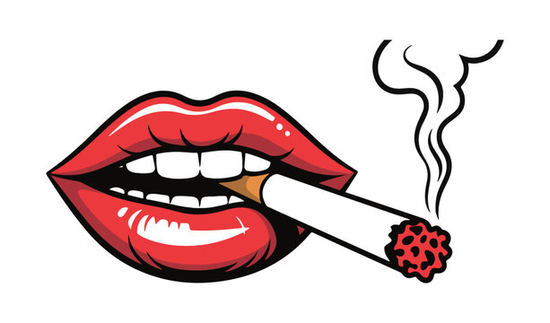 Stylized pop art illustration showing red lips biting a burning cigarette with detailed black outlines and smoke.