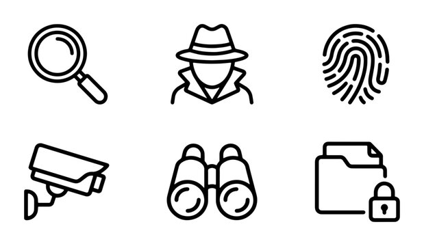 Detective and surveillance line icons set, 6 investigation vector symbols, private investigator and security monitoring graphics for web and apps