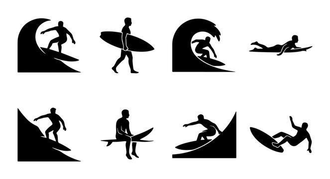 Surfing silhouette icons set, black surfer figures riding ocean waves, 8 minimalist surfing sport vector elements for beach and summer branding