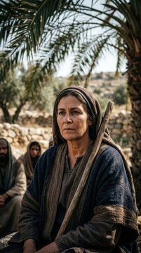 Biblical era leader: Deborah figure, Israel judge, prophetess wisdom, divine guidance, ancient woman, Book Judges, desert landscape, Lapidoth wife.
