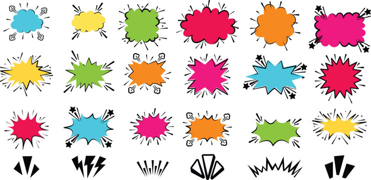 Collection of colorful comic book speech bubbles and explosion bursts on a white background