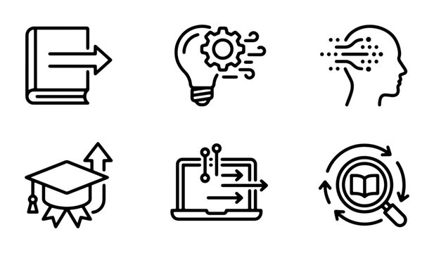 Knowledge transfer line icon set, 6 education and learning symbols, digital skill development and information sharing vector graphics