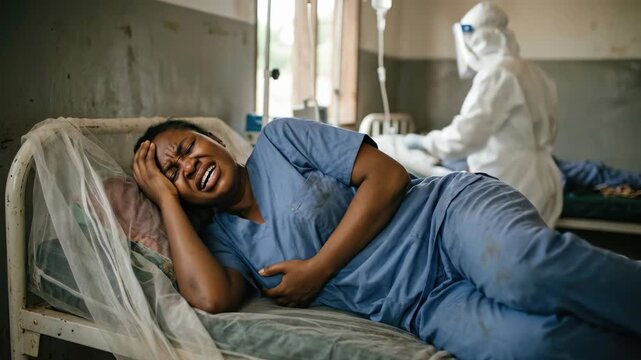 Viral affliction crisis: woman patient, acute distress, ebola outbreak, health worker, medical care, virus contagion, human suffering, disease control, hospital environment.