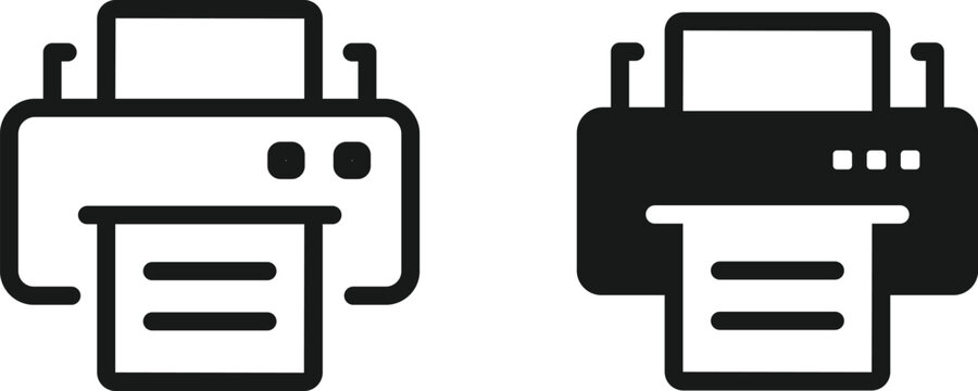 Two printer flat icons in outline and filled styles on a white background