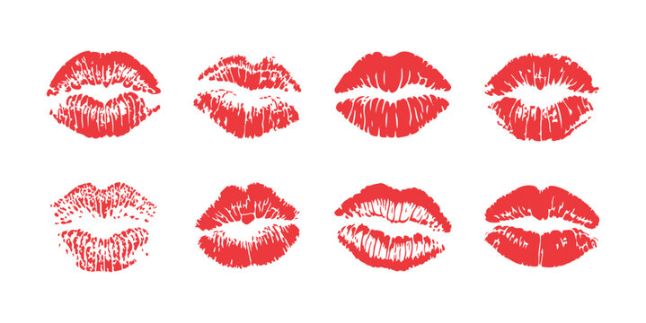 Red lipstick kiss marks set on transparent background for cosmetic beauty designs and romantic valentines cards.