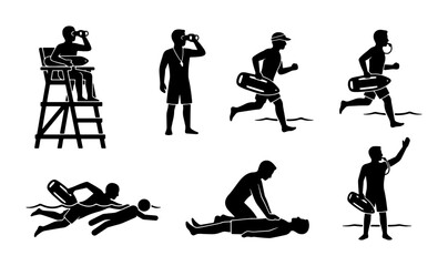 Lifeguard silhouette icon set, beach rescue professional figures, swimming safety and first aid emergency response vector collection © Farhana