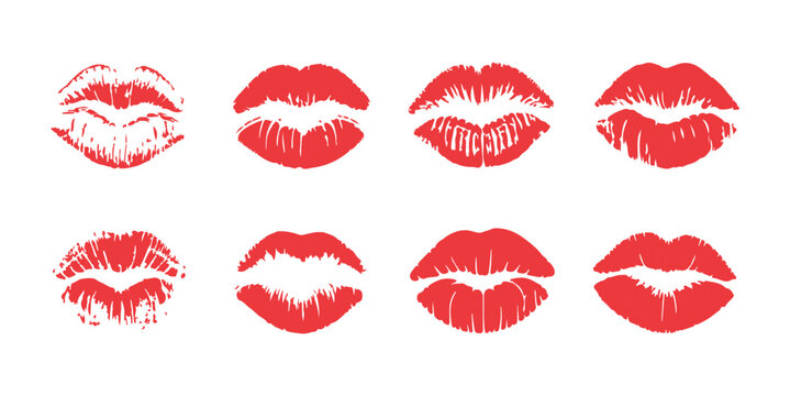 Realistic lip prints and kiss marks for romantic themes featuring different shapes and textures in red colors.