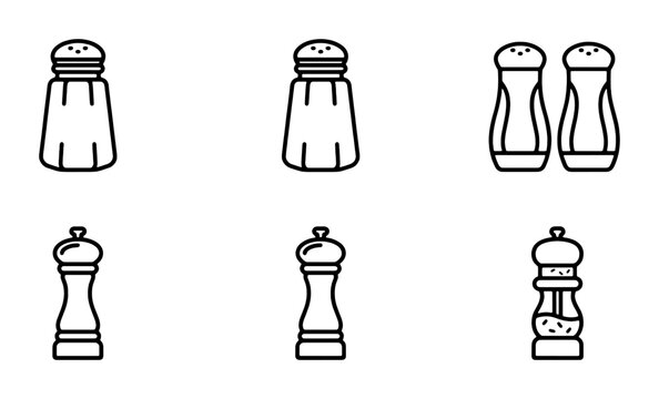 Minimalist salt and pepper shaker icons, black line art kitchen spice containers, set of 6 seasoning dispenser vector illustrations for restaurant menus