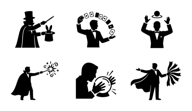 Magician silhouette icon set, professional illusionist performing magic tricks with cards and crystal ball, circus performer vector graphics