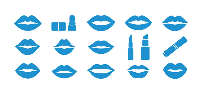 Collection of blue lips and lipstick icons, graphic elements, isolated on transparent background.