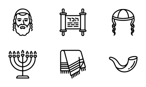 Jewish religious icons set, traditional Judaism symbols including Torah scroll and menorah, black line art vector elements for Hanukkah and Shabbat