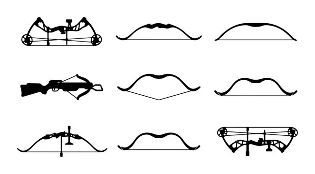 Archery bow silhouettes set, professional hunting equipment collection, black compound and recurve bow icons, traditional longbow and crossbow vector graphics