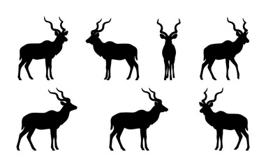 Naklejka premium Kudu antelope silhouette set, African wildlife animal vector collection, black kudu bull with spiral horns, safari fauna icons for nature design