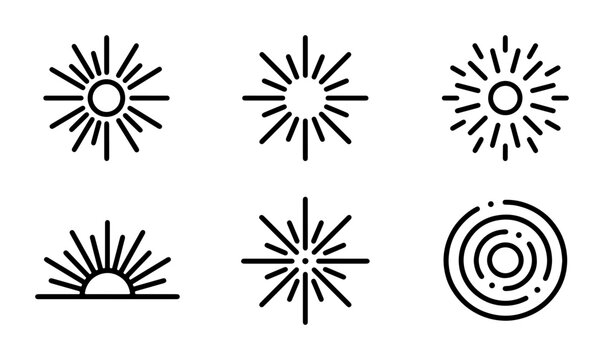 Minimalist sun icon set, black line sunburst and sunrise vector elements, 6 geometric solar symbols for weather and logo design