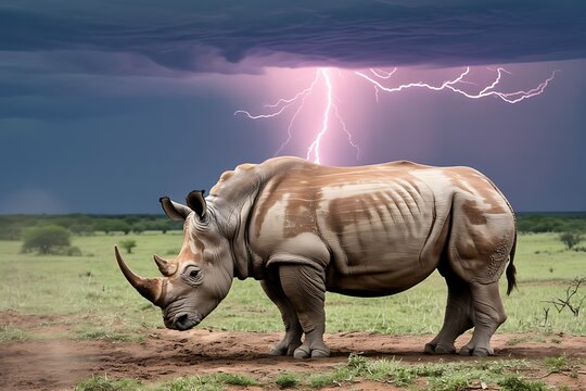 Wild rhinoceros standing in stormy African savanna during lightning strike. Majestic endangered animal in dramatic natural habitat with thunderstor...