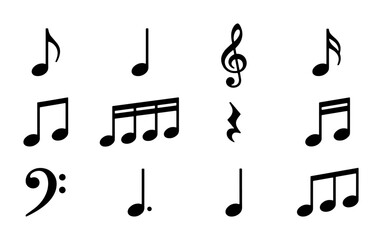 Fototapeta premium Musical notes and symbols vector set, black classical music notation icons on white background, 12 professional melody elements for sheet music design