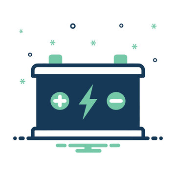 Battery icon with plus minus signs and lightning bolt symbol on dark blue background