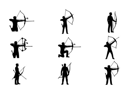 Archery silhouette set with 9 archer poses, black bow and arrow vector icons, professional marksman shooting positions for sports graphics