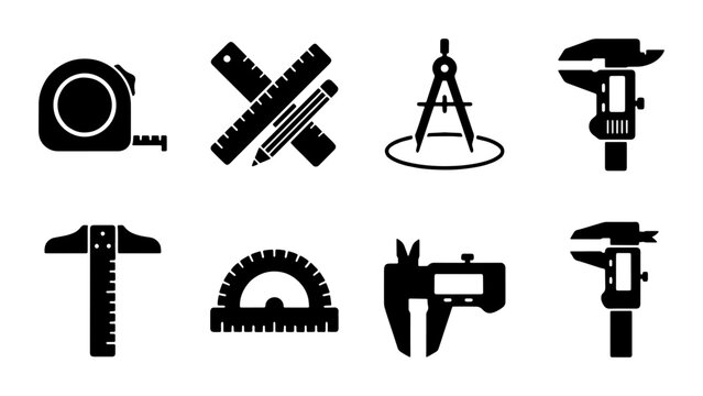 Precision measuring tools icon set, 8 black silhouette vector elements for engineering and drafting, industrial ruler and caliper symbols
