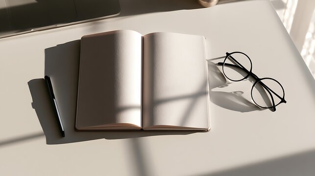 open book and glasses on white desk with natural light