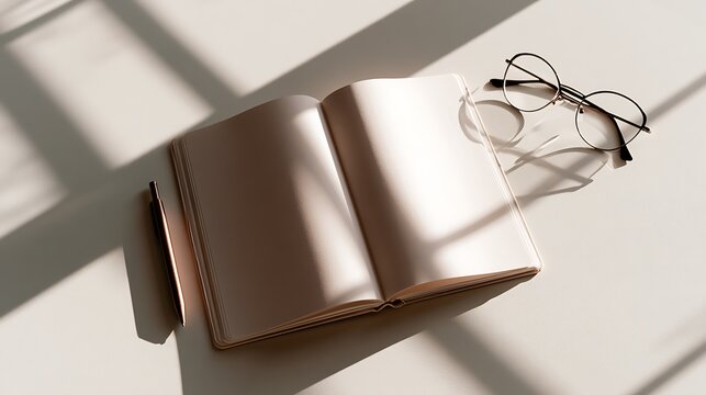 open notebook with glasses on a white table