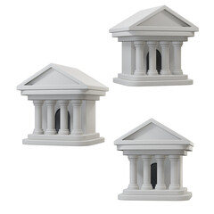 Fototapeta premium 3D render of classic white bank building icons with columns and triangle roofs, isolated on transparent background, alpha channel. Ideal for finance, government, law, banking apps