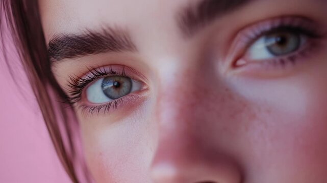 A detailed focusing on the upper half of a person's face against a soft pink backdrop.