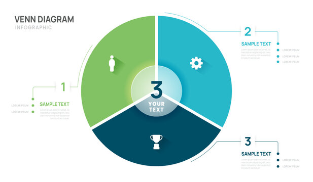 Infographic Venn diagram chart template for business 3 parts options, presentation with venn diagram elements vector illustration.