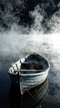 Old wooden rowboat floating on calm water with mist and fog creating mysterious reflection in serene early morning lake scene