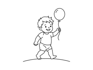 Child walking holding balloon simple line art style