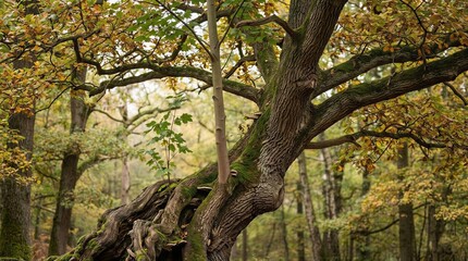 Fototapeta premium Concept of rebirth and new life with young plant growing on ancient oak tree in autumn