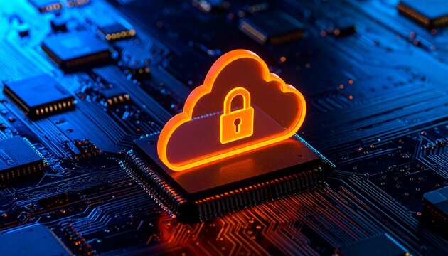 Glowing Orange Cloud Icon with Padlock Symbol Standing on Microchip CPU over Dark Blue Motherboard Circuit Board for Cloud Security and Data Protection Concept